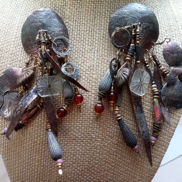 Vtg. Tabra large Bronze Fish  12 Dangles  Pierced earrings Unique - Picture 1 of 8